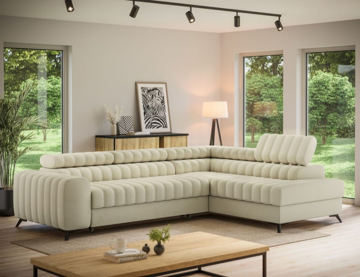 Ecksofa mit Schlaffunktion Sofa GRADO Stoff Monolith Beige Ottomane Rechts