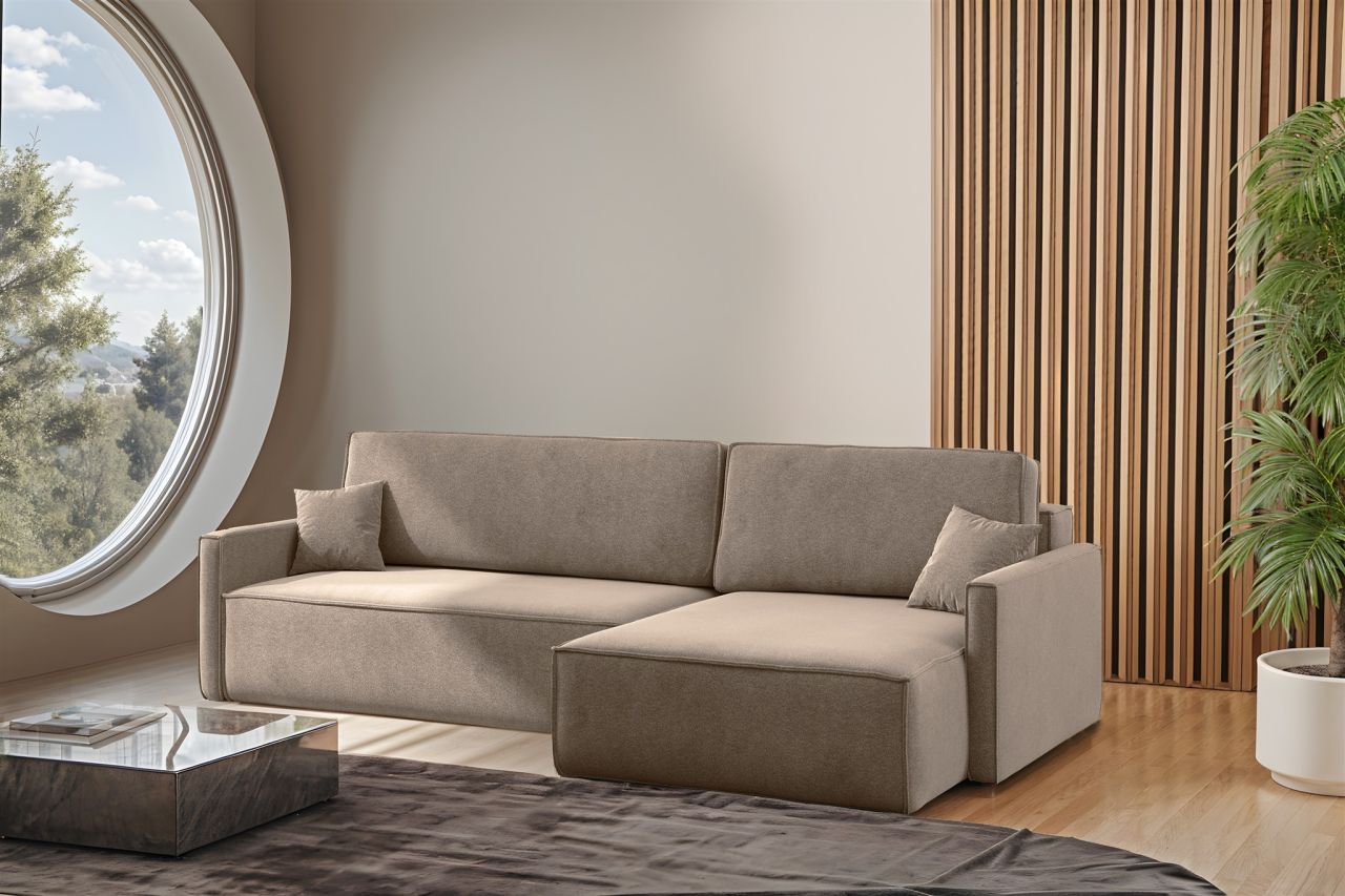 OUTLET Ecksofa Schlafsofa Sofa LOUIS Stoff Salvador Blassbraun Ottomane Rechts