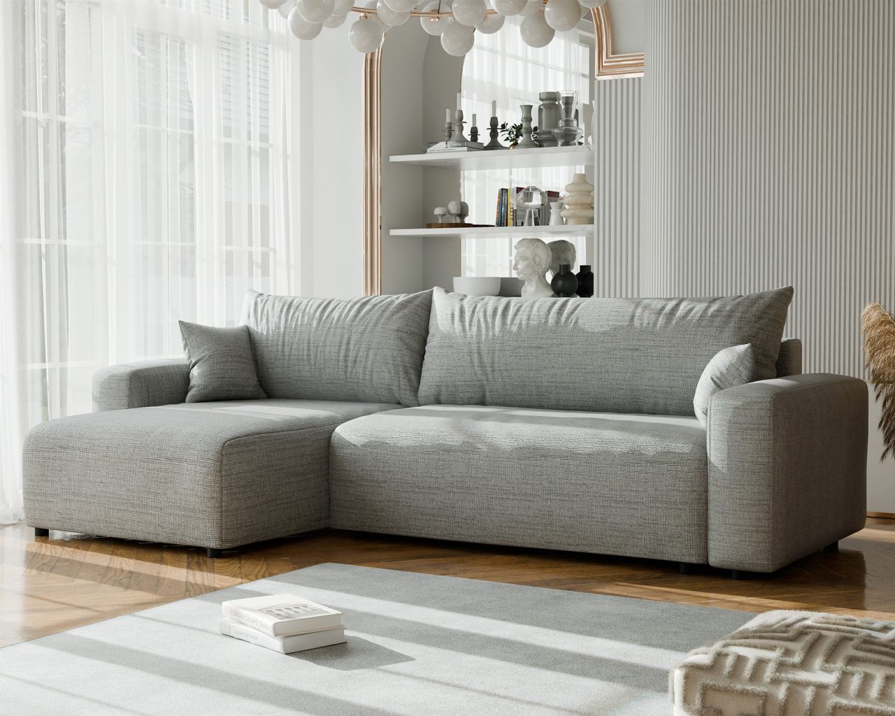 Ecksofa mit Schlaffunktion LUNA MAX in Stoff Baltimore Mausgrau Ottomane Links