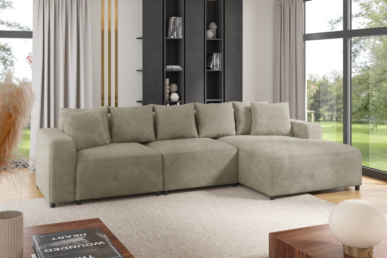 Ecksofa Designersofa Sofa MEGAN in Stoff Poso Beige Ottomane Rechts