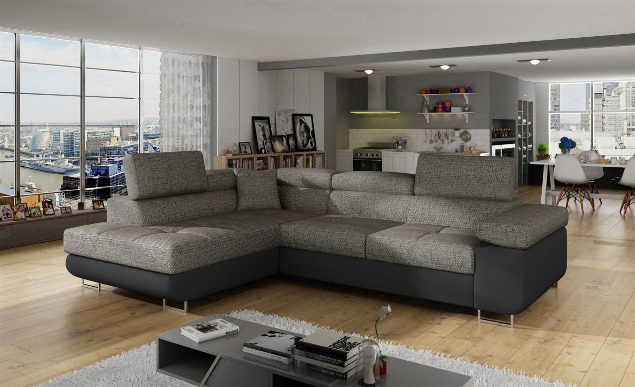 Ecksofa Schlafsofa SARRA Stoff Soft- Berlin Schwarz-Grau Ottomane Links