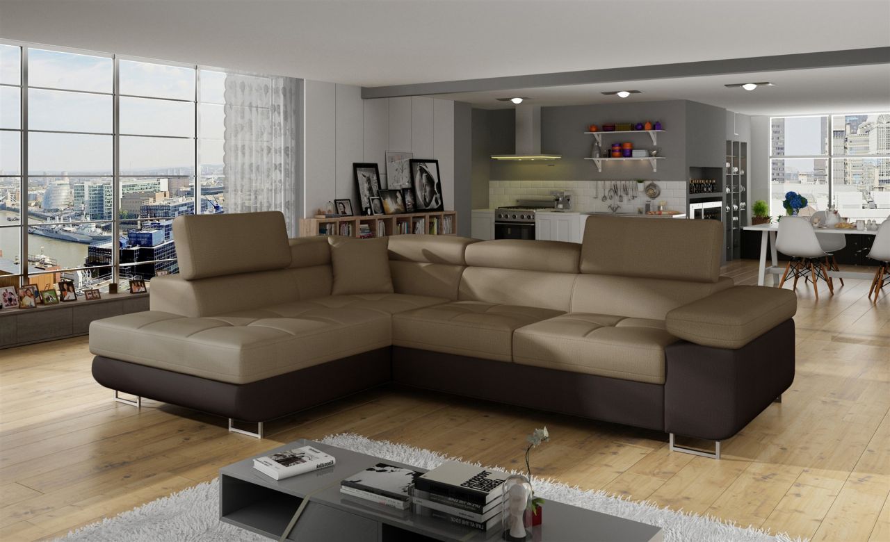 Ecksofa Schlafsofa SARRA in Stoff Monolith Dunkelbraun-Braun Ottomane Links