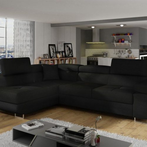 Ecksofa Schlafsofa SARRA in Stoff Sawana Schwarz Ottomane Links