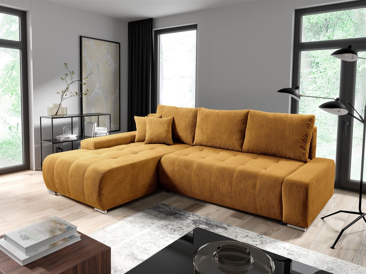 Ecksofa Sofa mit Schlaffunktion VOGAR Stoff Poso Honiggelb Ottomane Links