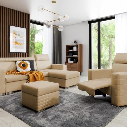 Ecksofa inkl. Hocker und Sessel CANTON Stoff Liverpool Beige Ottomane Rechts Ecksofa inkl. Hocker und Sessel CANTON Stoff Liverpool Beige Ottomane Rechts