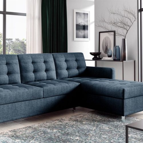 Ecksofa Sofa NURI Stoff Luis Blau mit Schlaffunktion Ottomane Rechts
