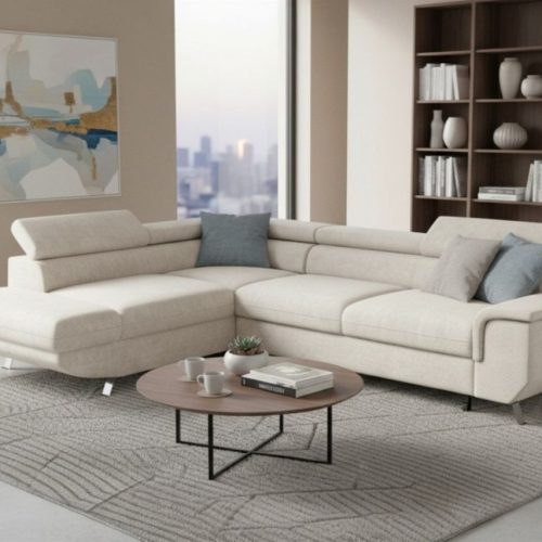Ecksofa mit Schlaffunktion PLATO Sofa in Stoff Onega Ecru Ottomane Links Ecksofa mit Schlaffunktion PLATO Sofa in Stoff Onega Ecru Ottomane Links