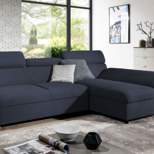 Ecksofa Schlafsofa Sofa ANTON XS in Stoff Esito Dunkelblau Ottomane Rechts