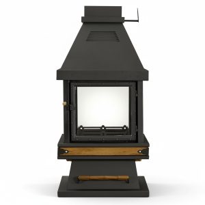 Eleganter schwarzer freistehender Kamin aus Edelstahl und Holz