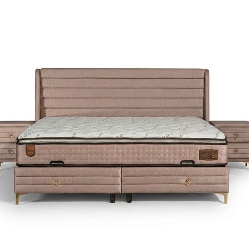 Elegantes Bett mit Matratze in Beige aus Textil und Edelstahl Elegantes Bett mit Matratze in Beige aus Textil und Edelstahl