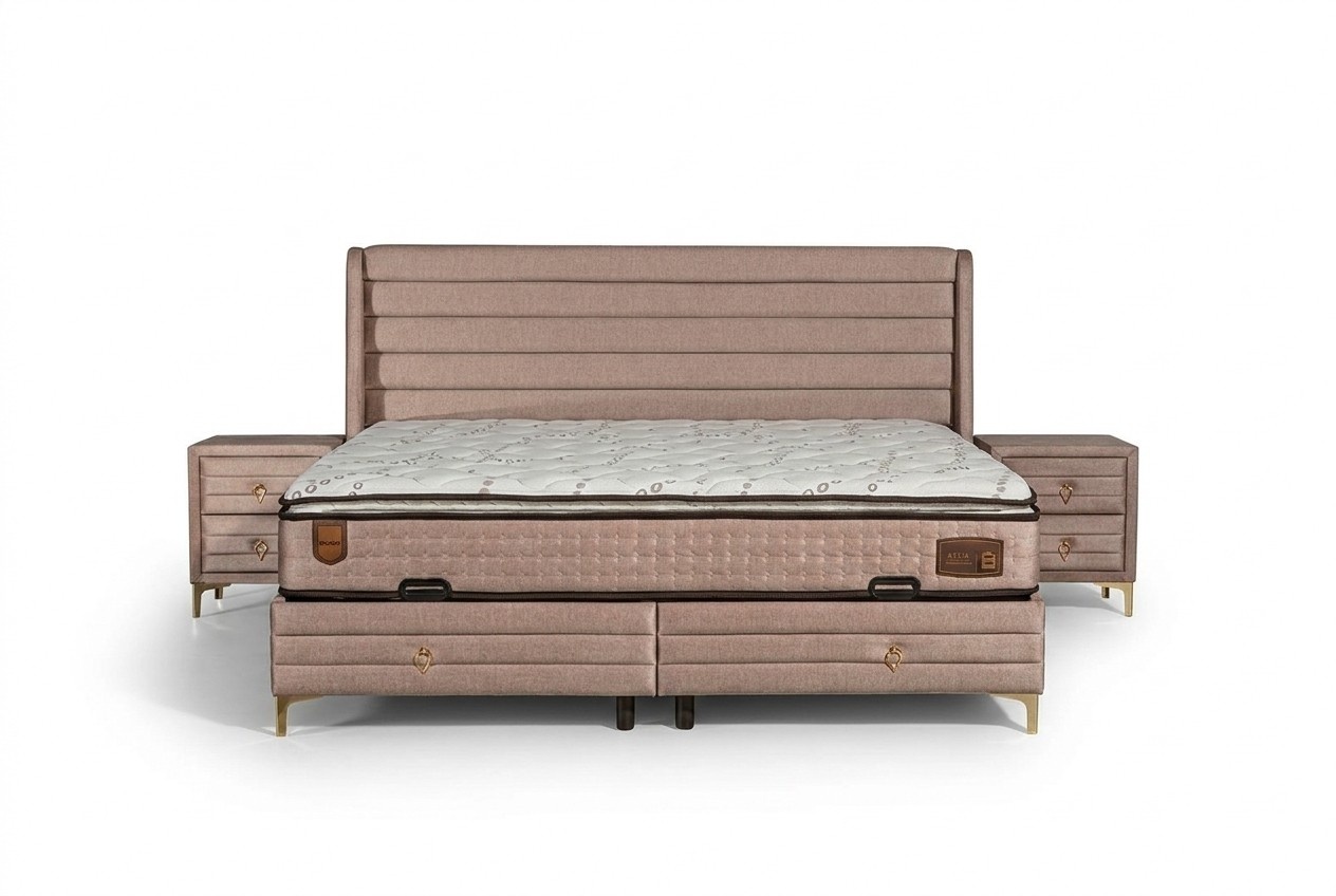 Elegantes Bett mit Matratze in Beige aus Textil und Edelstahl Elegantes Bett mit Matratze in Beige aus Textil und Edelstahl