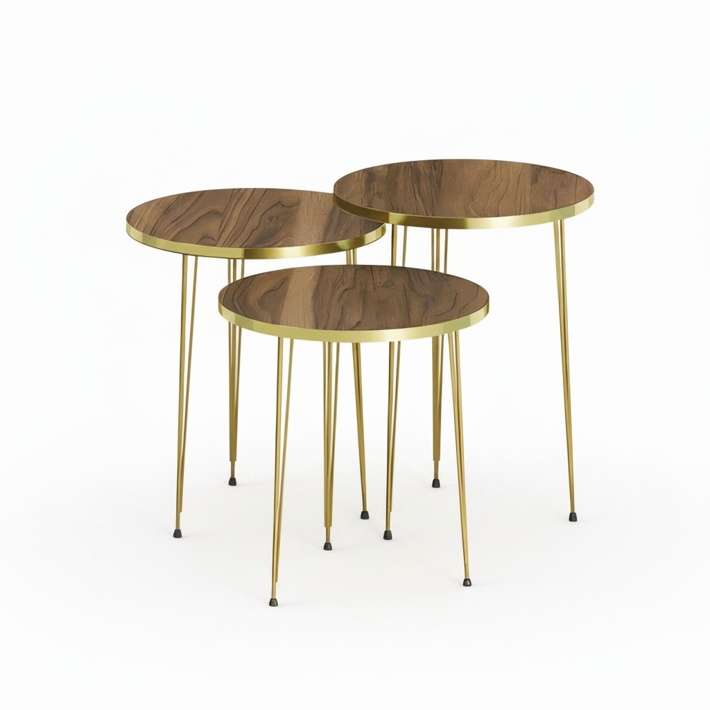 Elegantes braunes Couchtisch-Set aus Holz und Edelstahl
