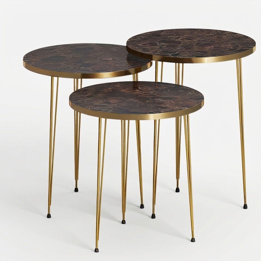 Elegantes braunes Couchtisch-Set aus Holz und Edelstahl