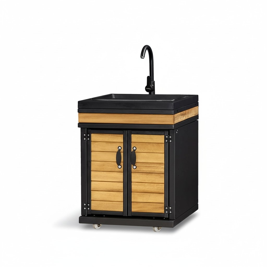 Elegantes schwarzes Außenküchenmodul aus Edelstahl und Holz Elegantes schwarzes Außenküchenmodul aus Edelstahl und Holz
