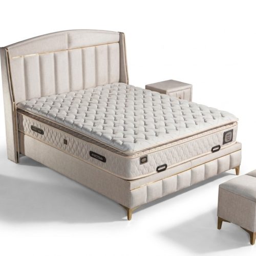 Elegantes weißes Bett mit Matratze aus Textil und Edelstahl Elegantes weißes Bett mit Matratze aus Textil und Edelstahl