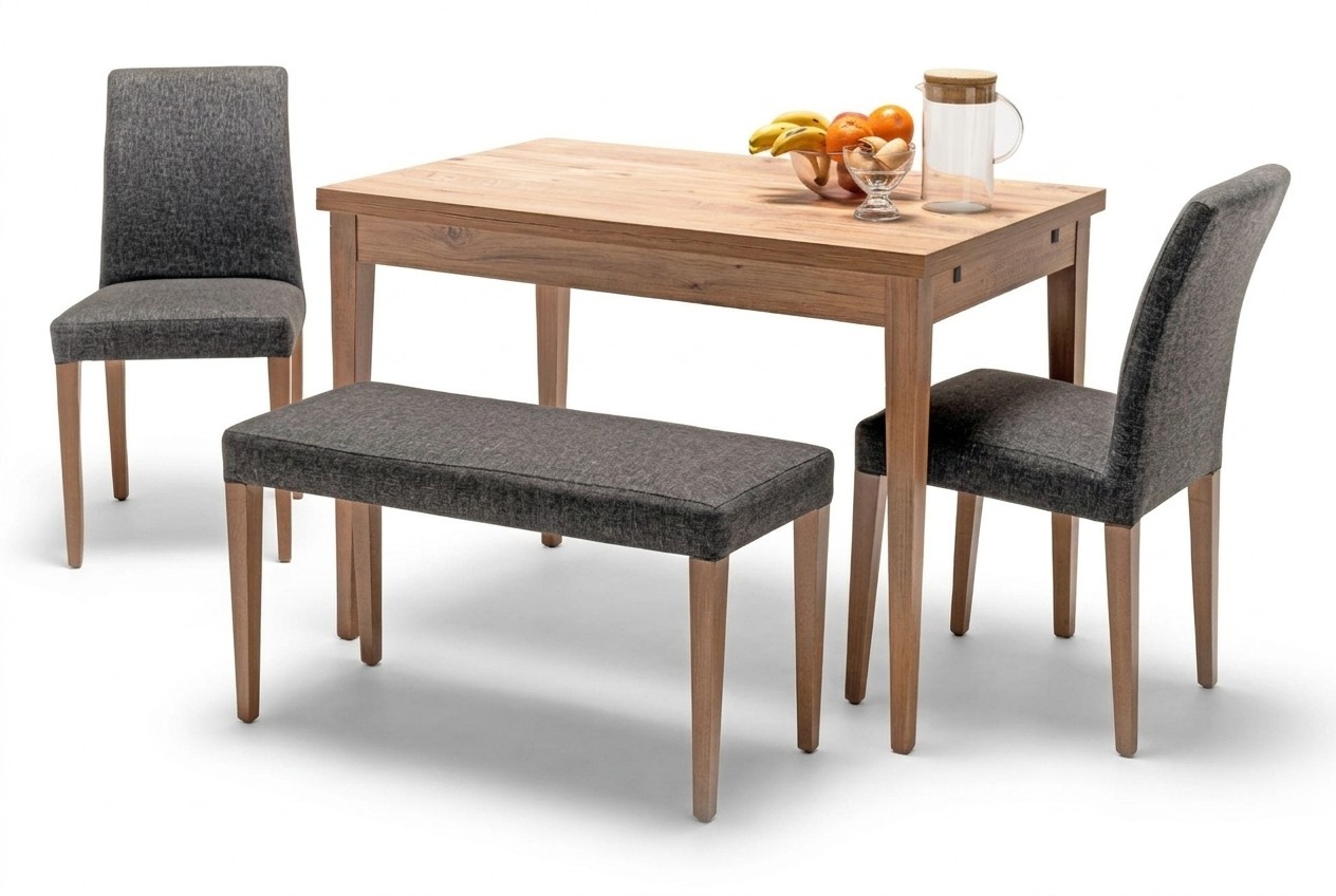 Esszimmer Set Esstisch 2x Stuhle Bank Holztisch Polsterstuhl Grau Beige