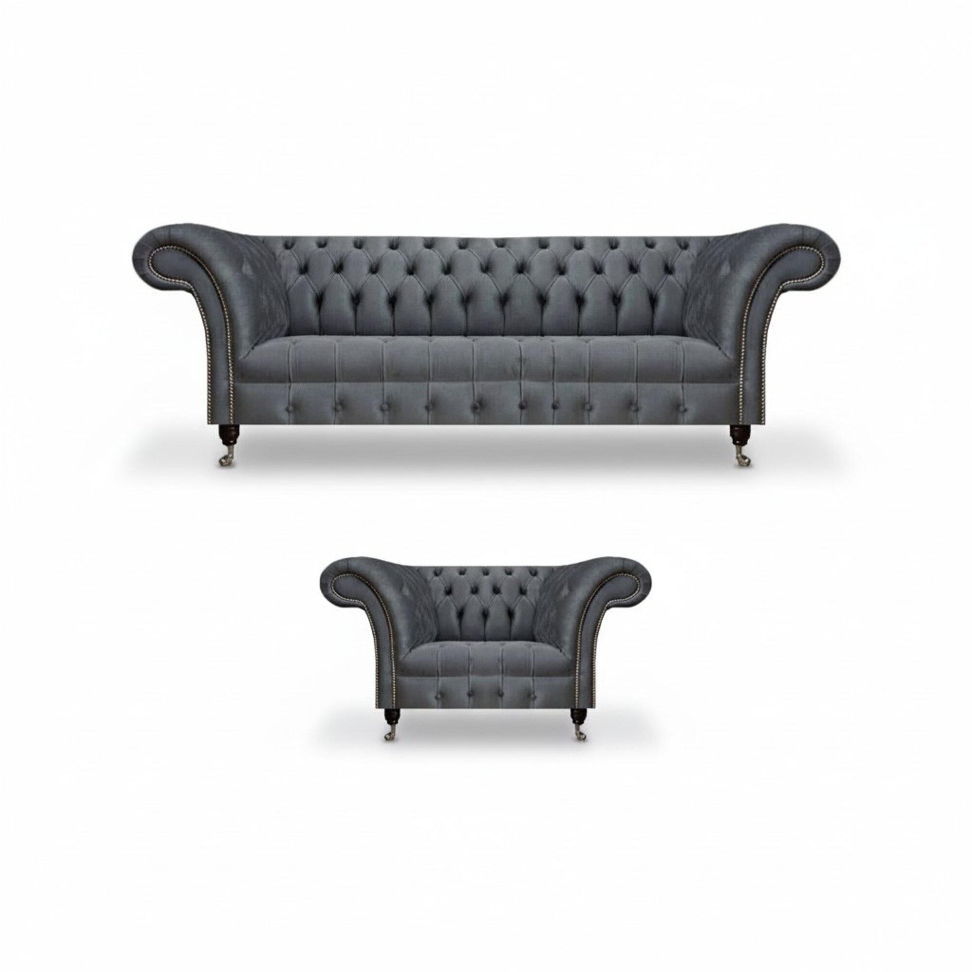Exklusive Graue Chesterfied Garnitur Designer Sessel Moderner 3-Sitzer Exklusive Graue Chesterfied Garnitur Designer Sessel Moderner 3-Sitzer