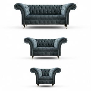 Exklusive Graue Chesterfield Sofas Edler 3-Sitzer Zweisitzer Sessel 3tlg