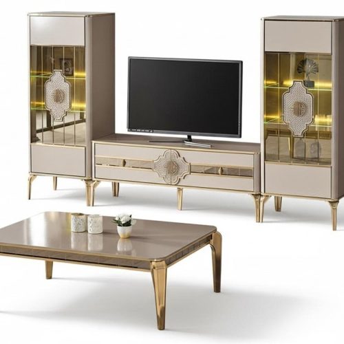 Garnitur Wohnzimmer TV Ständer Vitrinen Couchttisch 4tlg Schrank Beige Garnitur Wohnzimmer TV Ständer Vitrinen Couchttisch 4tlg Schrank Beige