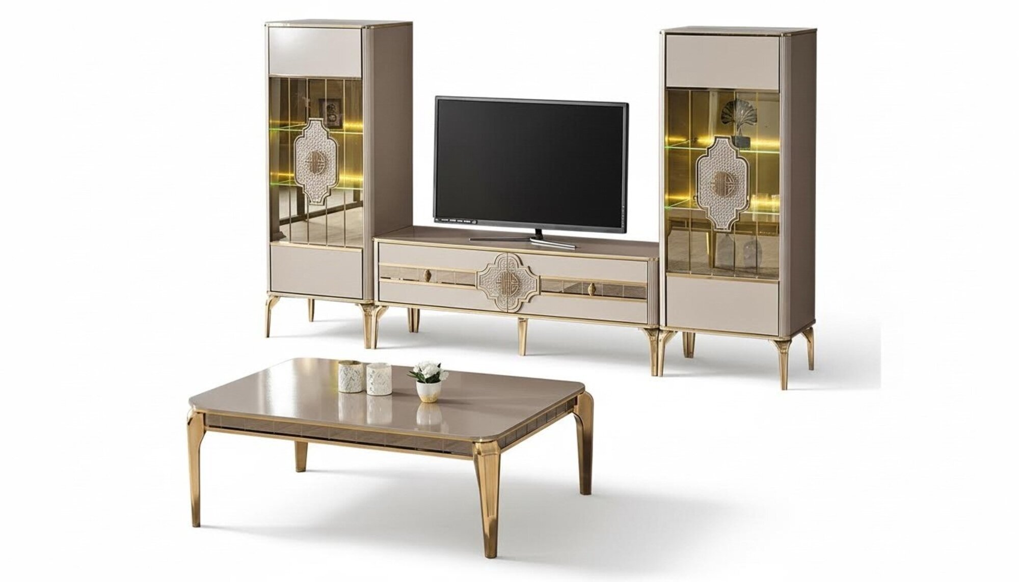 Garnitur Wohnzimmer TV Ständer Vitrinen Couchttisch 4tlg Schrank Beige