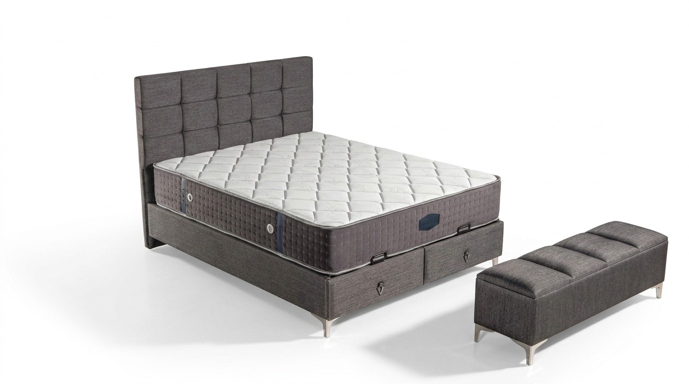 Grau modernes Bett mit Matratze aus Textil und Edelstahl Grau modernes Bett mit Matratze aus Textil und Edelstahl