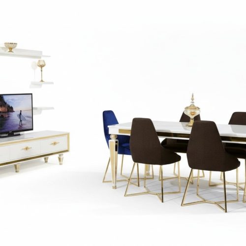 Großes Esszimmer Set Esstisch 6x Stühle TV-Ständer Wandregal Design Großes Esszimmer Set Esstisch 6x Stühle TV-Ständer Wandregal Design