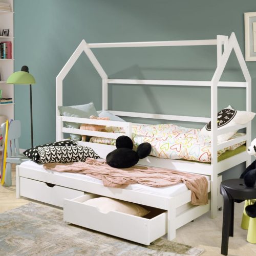 Hausbett Kinderbett MERET 200x90cm Kiefer Massiv Weiß inkl. Zusatzbett