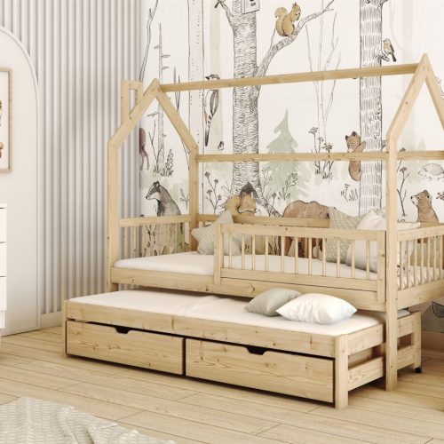 Hausbett Kinderbett PERLE 200x90cm Kiefer Massiv Natur inkl. Zusatzbett