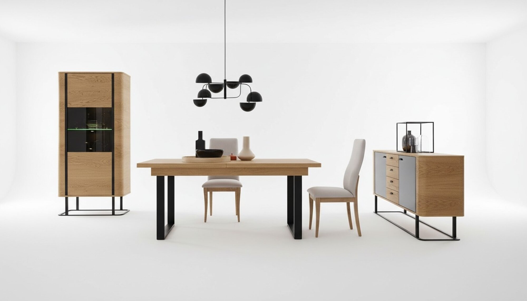 Hochwertes Wohnzimmer Möbel Set Vitrine + Esstisch + Sideboard Kommode Hochwertes Wohnzimmer Möbel Set Vitrine + Esstisch + Sideboard Kommode