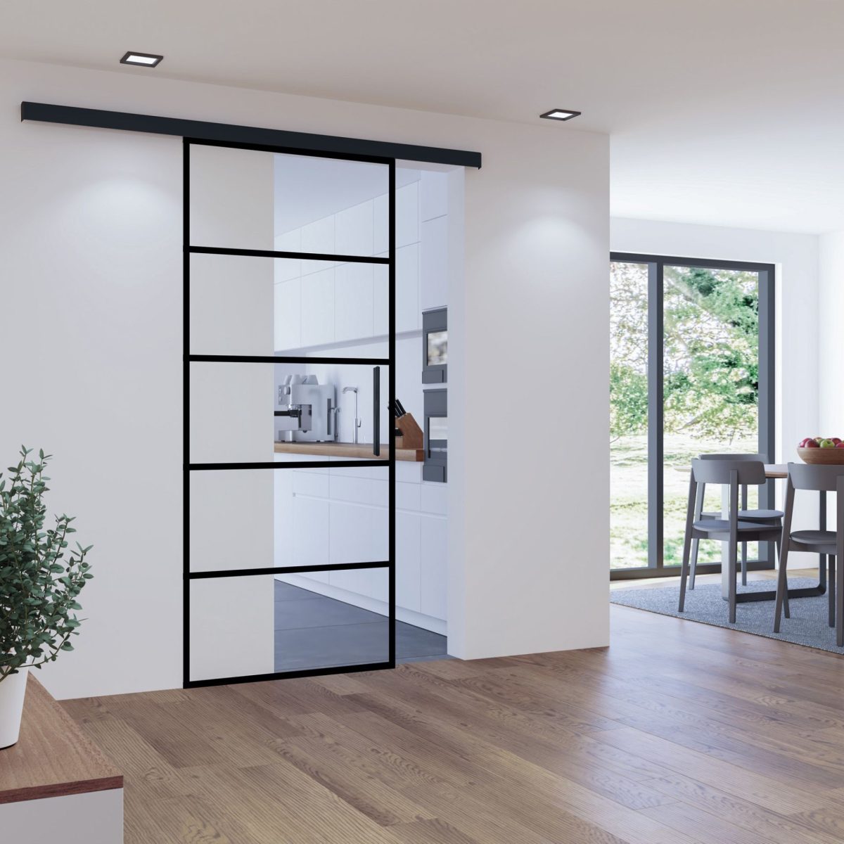 Glasschiebetür klar schwarze Streifen 880x2035mm Stabgriff inkl. Softclose beidseitig