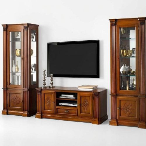 Klassische Wohnzimmer Vitrine Sideboard RTV Regal Wände Schrank 3tlg. Massivholz