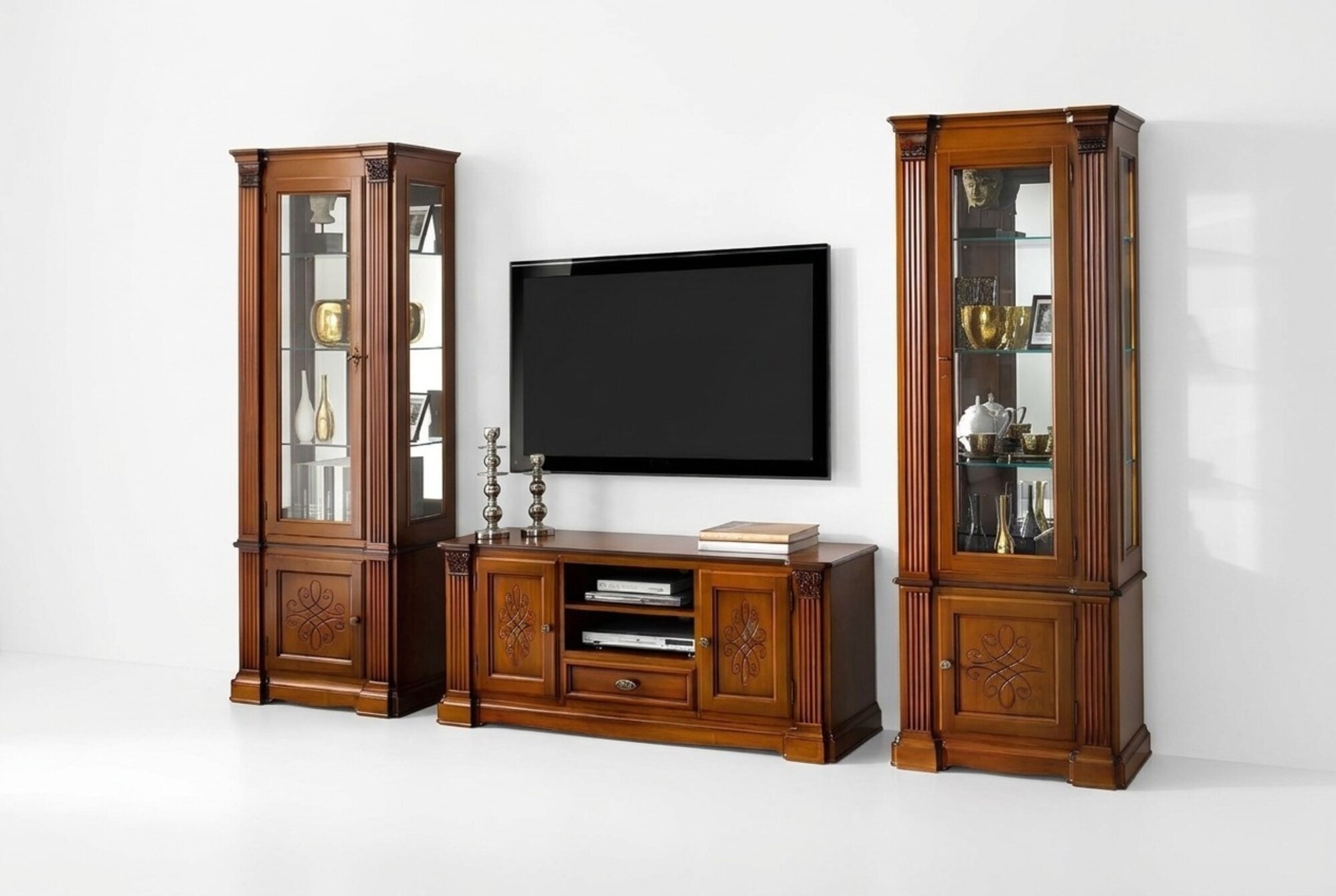 Klassische Wohnzimmer Vitrine Sideboard RTV Regal Wände Schrank 3tlg. Massivholz Klassische Wohnzimmer Vitrine Sideboard RTV Regal Wände Schrank 3tlg. Massivholz