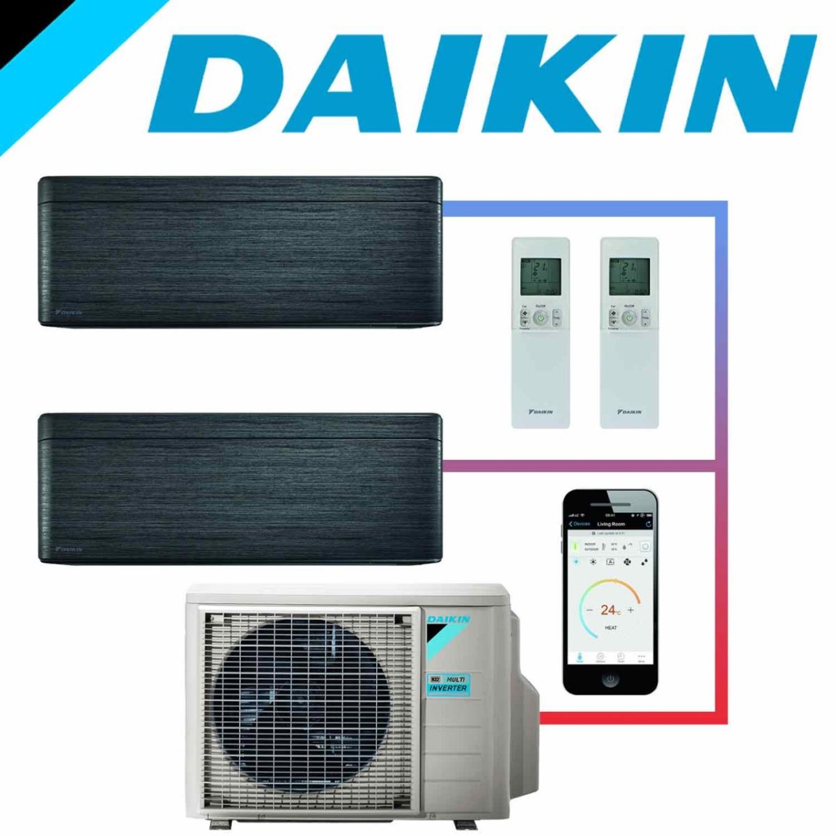SET DAIKIN STYLISH mit 2 Wandgeräten 2,0 kW Blackwood und…