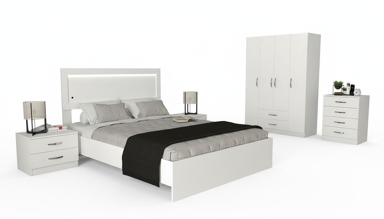 Komfortables Schlafzimmer Möbel Set 2x Nachttische Kommode Bett Schrank 5tlg. Komfortables Schlafzimmer Möbel Set 2x Nachttische Kommode Bett Schrank 5tlg.