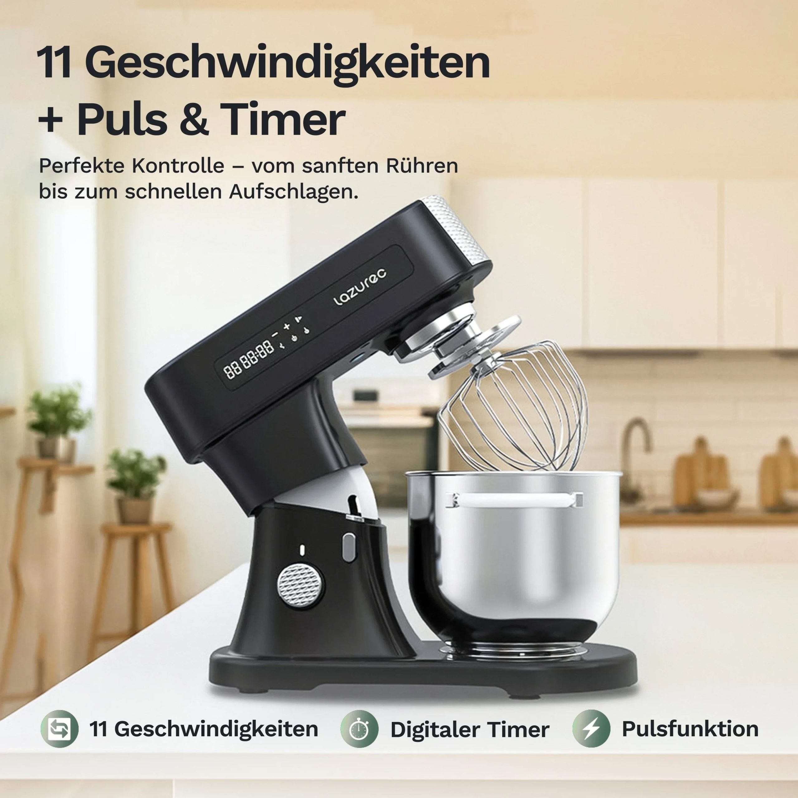 Lazurec Bakara Mix ONE – Küchenmaschine & Knetmaschine 1500 W mit Zeitschaltuhr