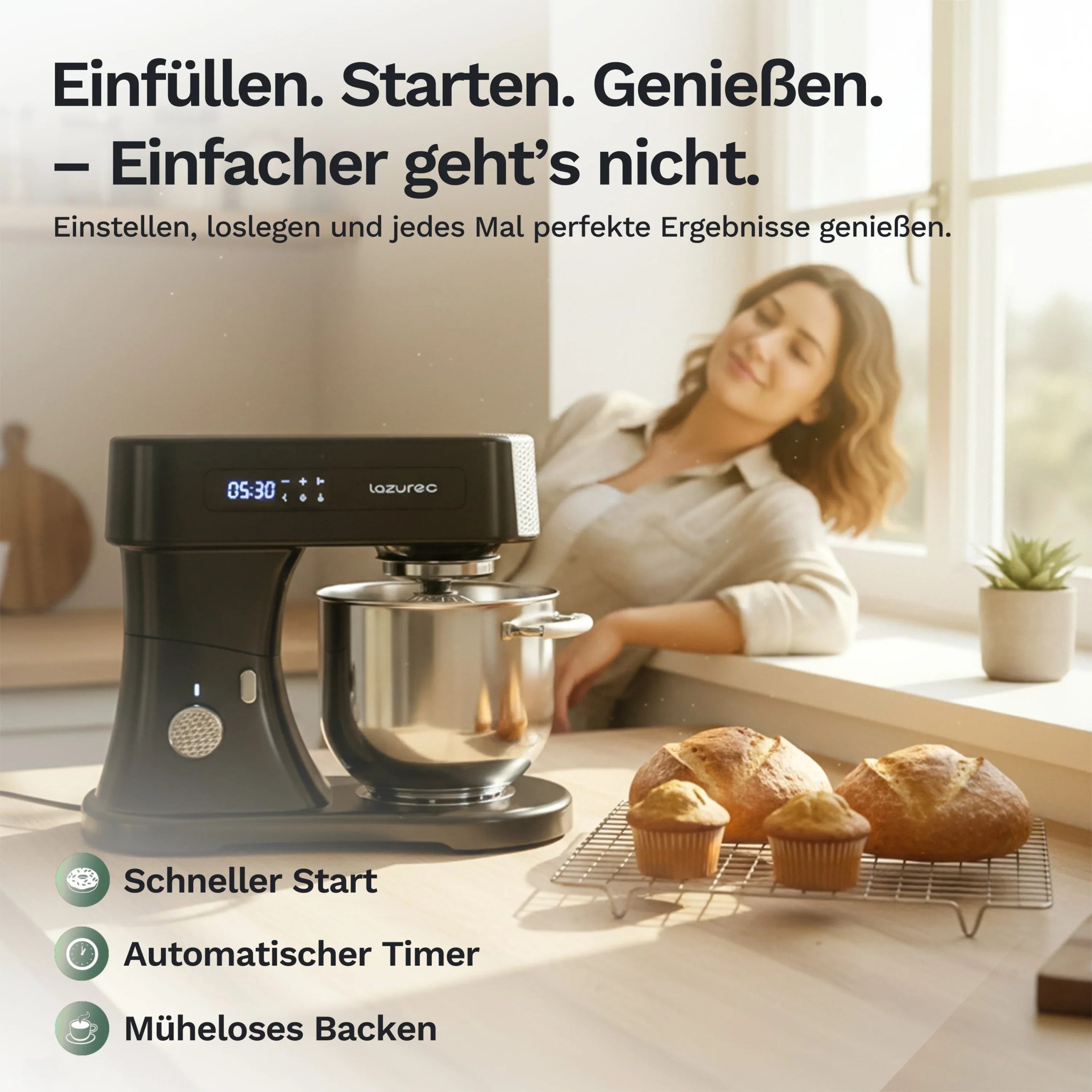 Lazurec Bakara Mix ONE – Küchenmaschine & Knetmaschine 1500 W mit Zeitschaltuhr