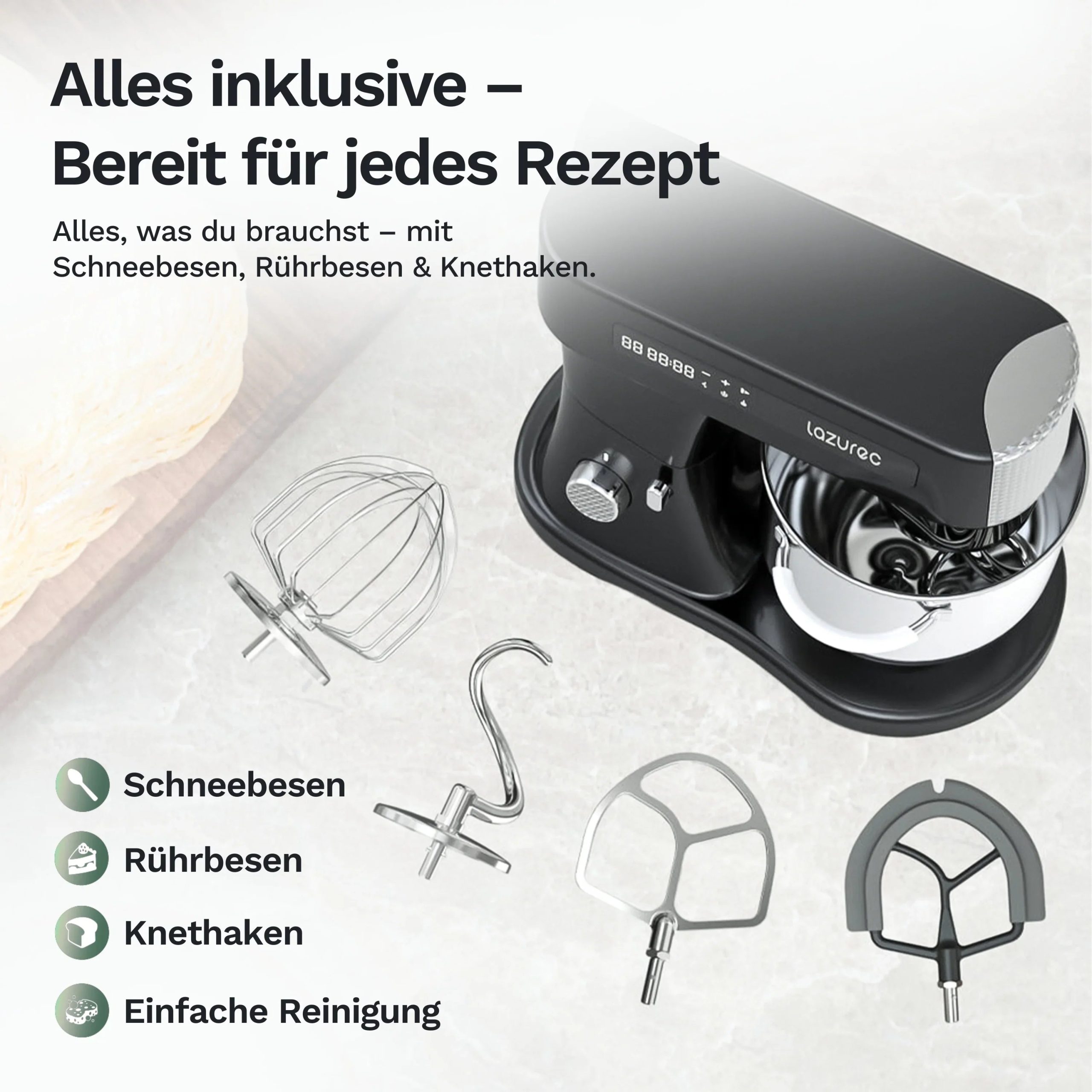 Lazurec Bakara Mix ONE – Küchenmaschine & Knetmaschine 1500 W mit Zeitschaltuhr