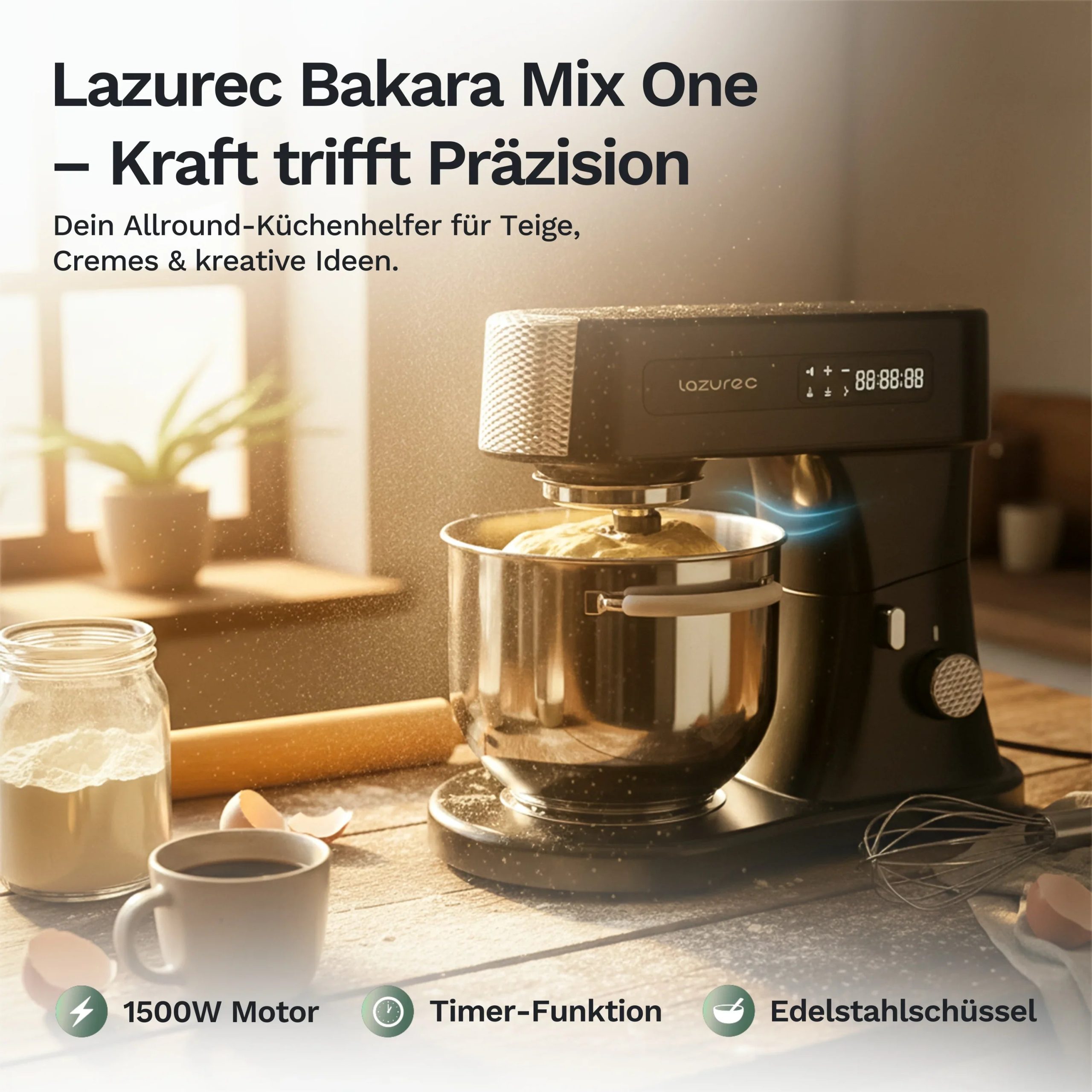 Lazurec Bakara Mix ONE – Küchenmaschine & Knetmaschine 1500 W mit Zeitschaltuhr