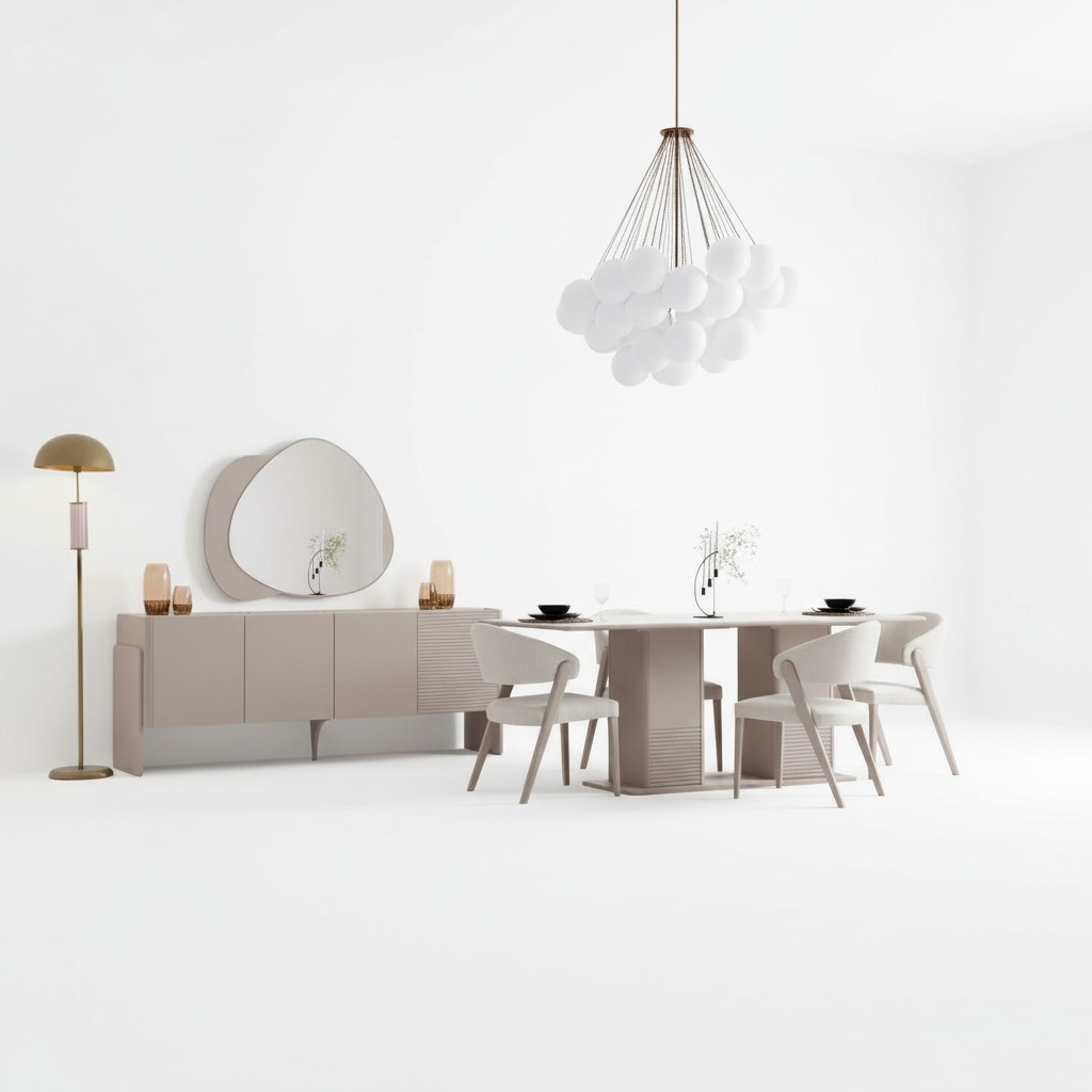 Luxuriöses Beiges Esszimmer Set Holztisch 4x Polsterstühle Anrichte 6tlg Luxuriöses Beiges Esszimmer Set Holztisch 4x Polsterstühle Anrichte 6tlg