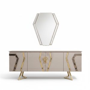Luxus Weiß-Goldene Kommode mit Spiegel Designer Sideboard Holzmöbel Luxus Weiß-Goldene Kommode mit Spiegel Designer Sideboard Holzmöbel