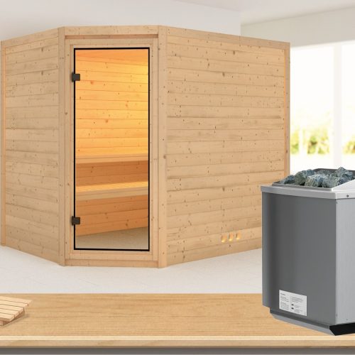Massivholzsauna TANAMI 231 x 196 m 38 mm 9.0 kW Ofen integr. Steuerung ohne Dachkranz