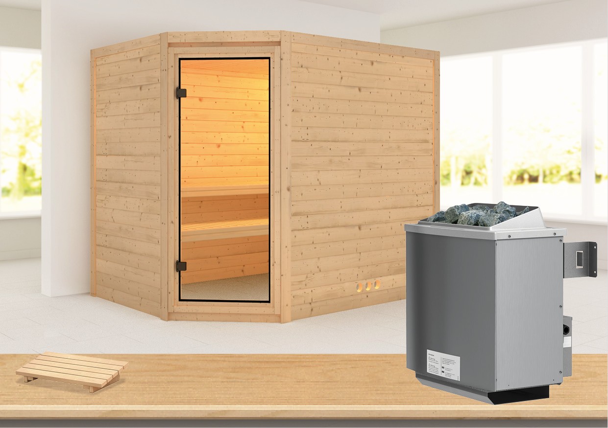 Massivholzsauna TANAMI 231 x 196 m 38 mm 9.0 kW Ofen integr. Steuerung ohne Dachkranz Massivholzsauna TANAMI 231 x 196 m 38 mm 9.0 kW Ofen integr. Steuerung ohne Dachkranz