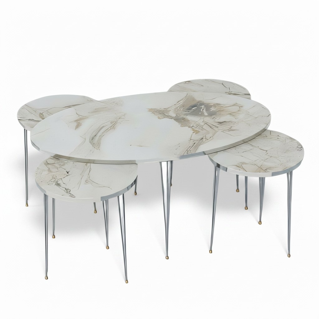 Mehrfarbiger Holz-Couchtisch mit Beistelltischen im modernen Design Mehrfarbiger Holz-Couchtisch mit Beistelltischen im modernen Design