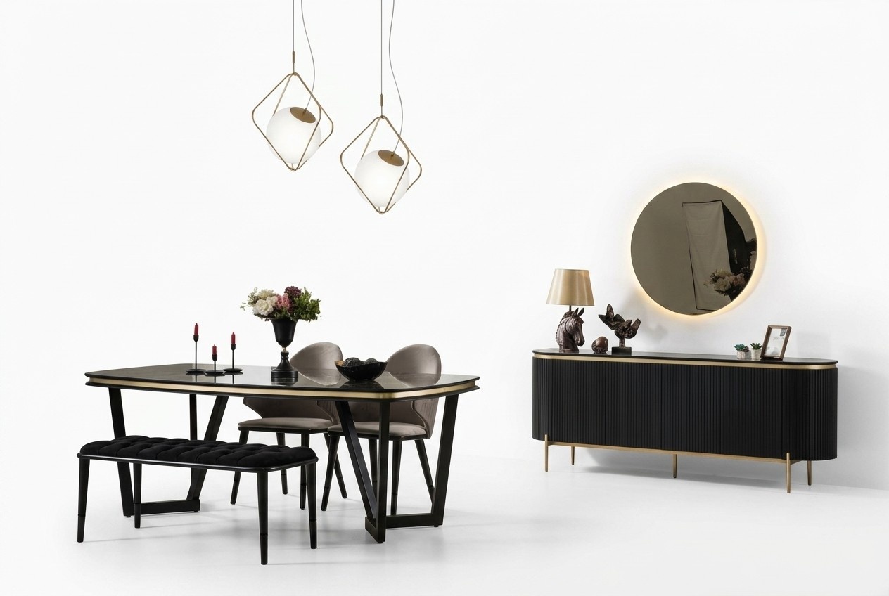 Modern 8tlg.Esszimmer Set Esstisch 4x Stühle Anrichte Spiegel Bank neu Modern 8tlg.Esszimmer Set Esstisch 4x Stühle Anrichte Spiegel Bank neu