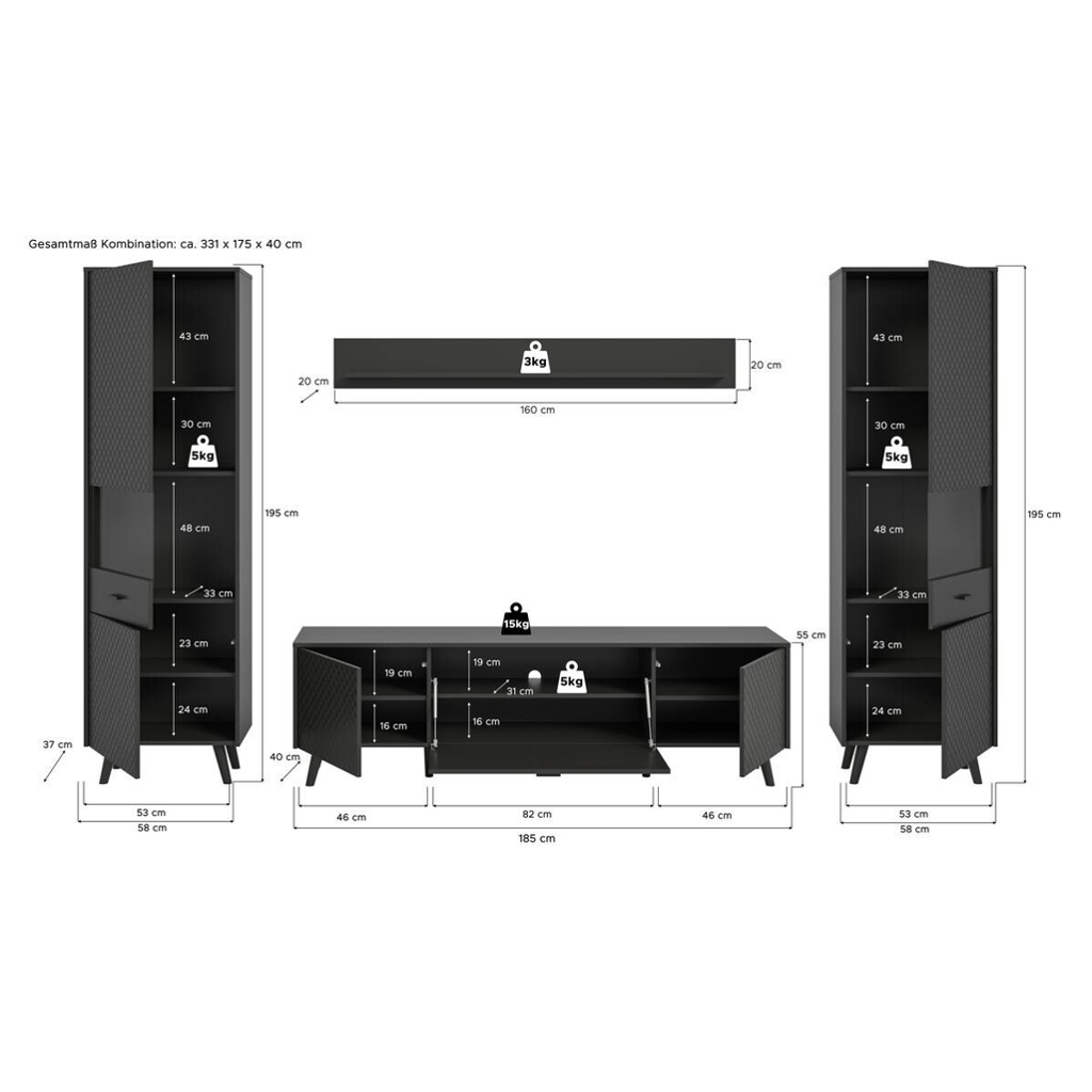 Wohnwand LINEA grau schwarz B/H/T: ca. 331x195x40 cm