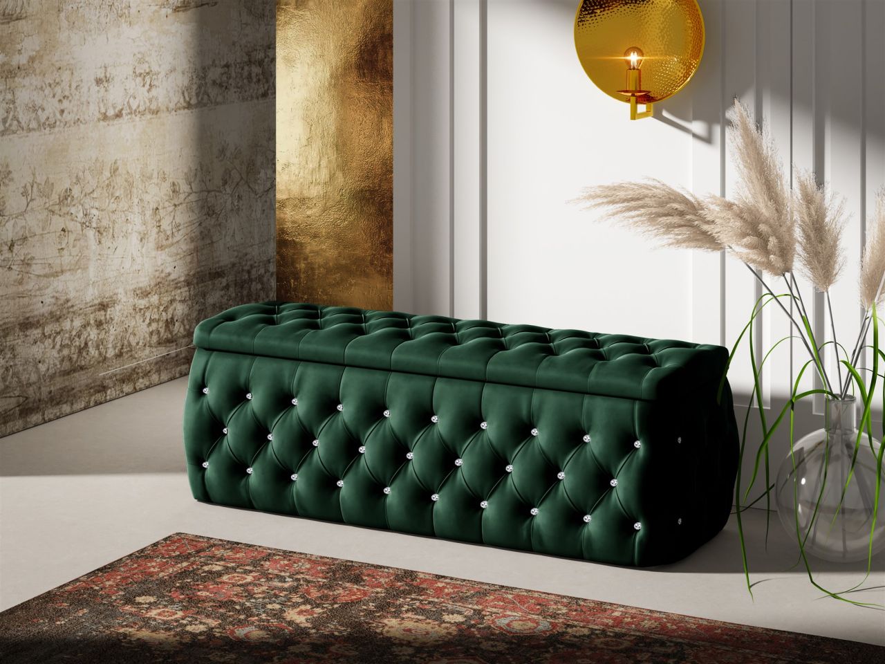Polsterhocker mit Stauraum Betthocker SEVRA 120x50x45 cm Elisa Velvet Dunkelgrün Polsterhocker mit Stauraum Betthocker SEVRA 120x50x45 cm Elisa Velvet Dunkelgrün