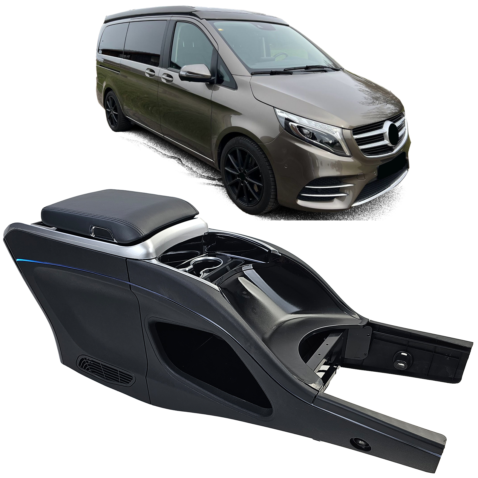 Premium Mittelkonsole Armlehne Ablagen Staufach Kühlschrank Schwarz für Mercedes V-Klasse W447 14-23