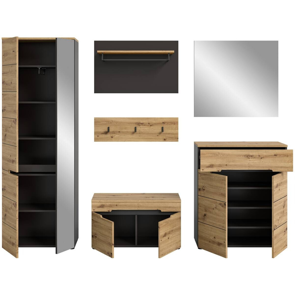 Garderobe CANU edles Basaltgrau Nachbildung Eiche Artisan Nachbildung B/H/T: ca. 255x190x37 cm - Gallery 6 Garderobe CANU edles Basaltgrau Nachbildung Eiche Artisan Nachbildung B/H/T: ca. 255x190x37 cm