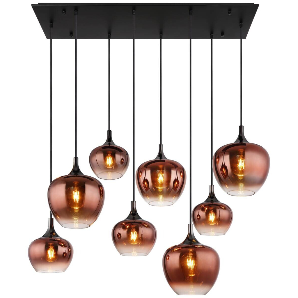 GLOBO Pendelleuchte schwarz Kupfer Glas Metall B/H/T: ca. 45x120x105 cm E27 8 Brennstellen GLOBO Pendelleuchte schwarz Kupfer Glas Metall B/H/T: ca. 45x120x105 cm E27 8 Brennstellen