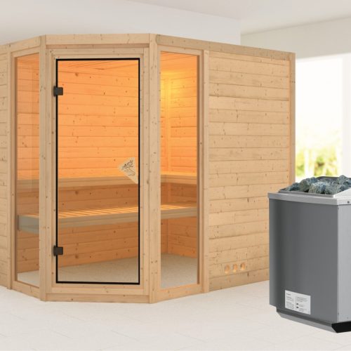 Massivholzsauna SINAI 236 x 184 m 38 mm 9.0 kW Ofen integr. Steuerung ohne Dachkranz